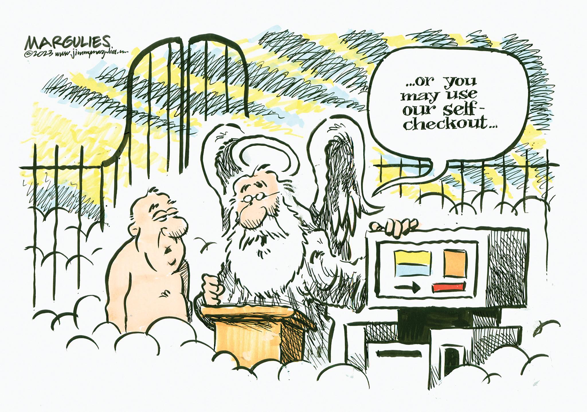 Illustration OCR: MARGULIES 2023 www.jimmymargulies.com C ...or you may use our self- checkout... MARGULIES 2023 www.jimmymargulies.com C ... or you may use our self- checkout ...