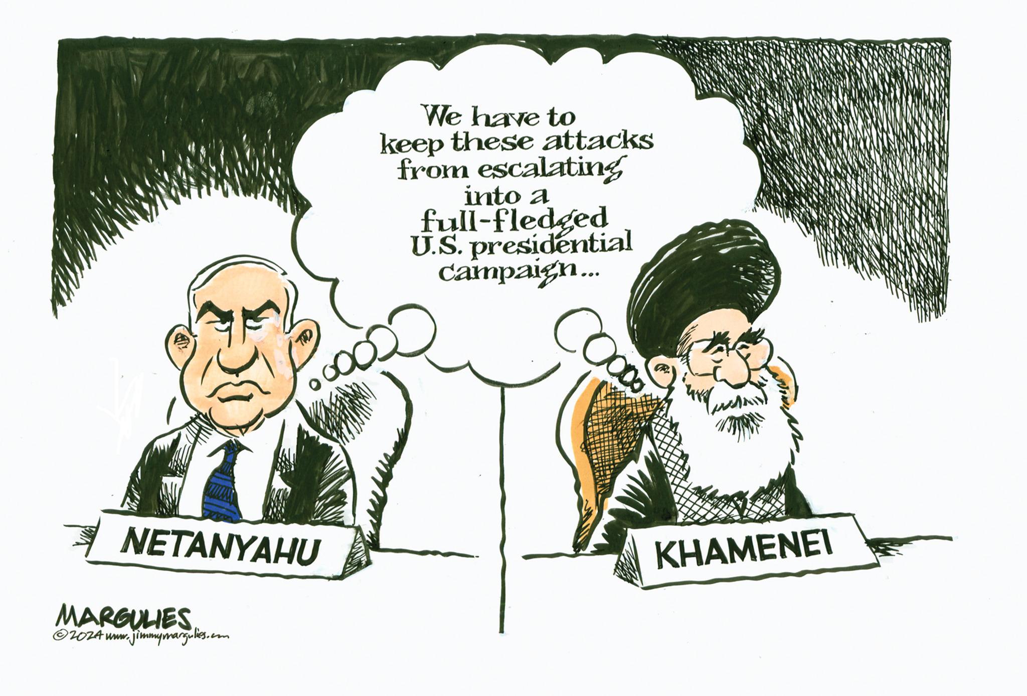 Pleased OCR: NETANYAHU MARGULIES 20ZA www. jimmymargulies.com We have to keep these attacks from escalating into a full-fledged U.S. presidential campaign... KHAMENEI NETANYAHU MARGULIES 20ZA www . jimmymargulies.com We have to keep these attacks from escalating into a full - fledged U.S. presidential campaign ... KHAMENEI