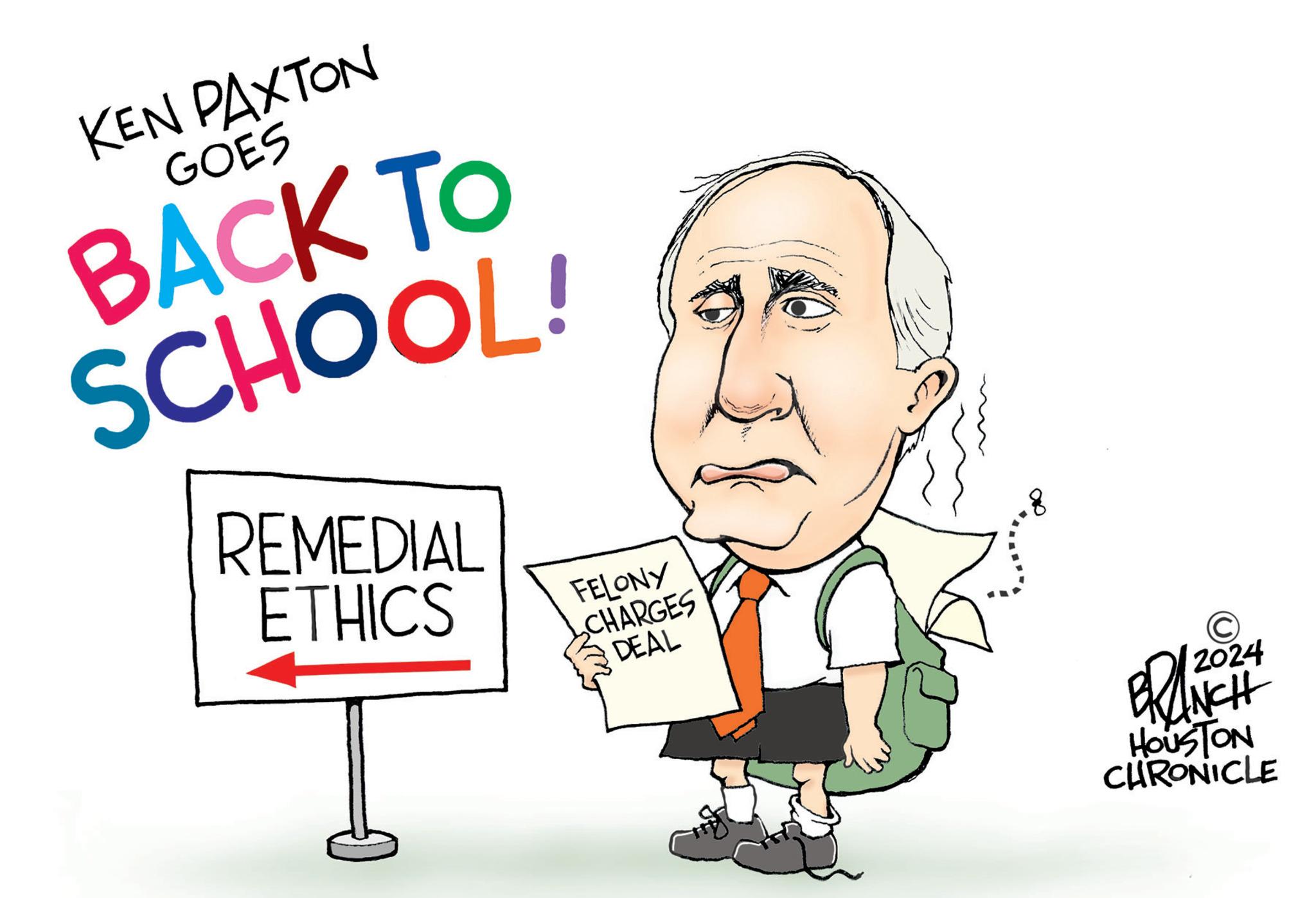 Illustration OCR: KEN PAXTON GOES BACK TO SCHOOL! REMEDIAL ETHICS FELONY CHARGES DEAL 2024 BRANCH HOUSTON CHRONICLE KEN PAXTON GOES BACK TO SCHOOL ! REMEDIAL ETHICS FELONY CHARGES DEAL 2024 BRANCH HOUSTON CHRONICLE