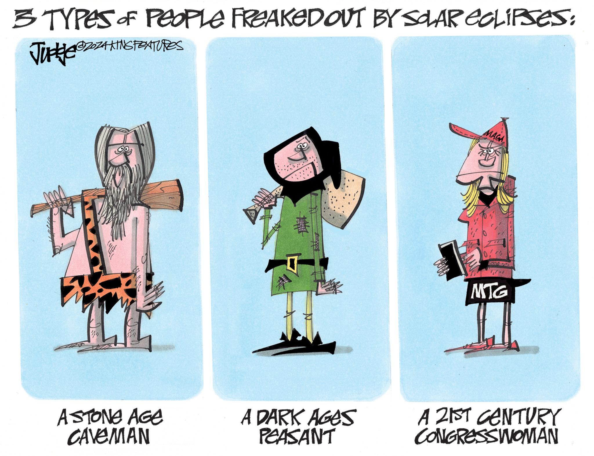 Illustration OCR: 3 TYPES OF PEOPLE FREAKED OUT BY SOLAR COLIPSES: Jute BZHKING FEATURES MAGA MTG ASTONE AGE CAVEMAN A DARK AGES PEASANT A 21ST CENTURY CONGRESSWOMAN 3 TYPES OF PEOPLE FREAKED OUT BY SOLAR COLIPSES : Jute BZHKING FEATURES MAGA MTG ASTONE AGE CAVEMAN A DARK AGES PEASANT A 21ST CENTURY CONGRESSWOMAN