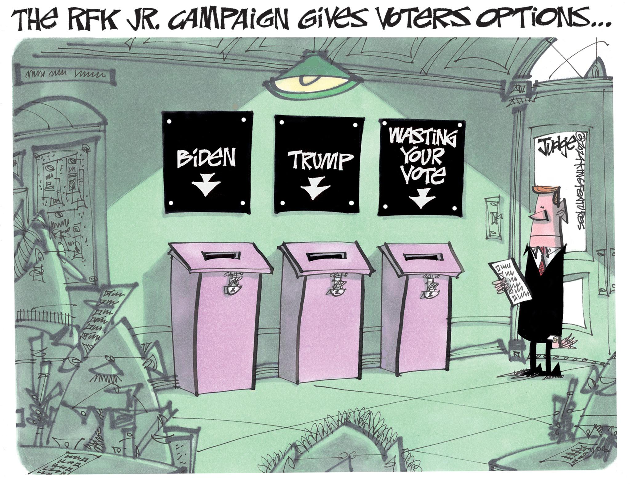 Event OCR: THE RFK JR. CAMPAIGN GIVES VOTERS OPTIONS... ?? ?? ?? ??? m 18 www BiDEN TRUMP WASTING YOUR VOTE + www 19 ZOZAKING FEATURES THE RFK JR . CAMPAIGN GIVES VOTERS OPTIONS ... ?? ?? ?? ??? m 18 www BiDEN TRUMP WASTING YOUR VOTE + www 19 ZOZAKING FEATURES