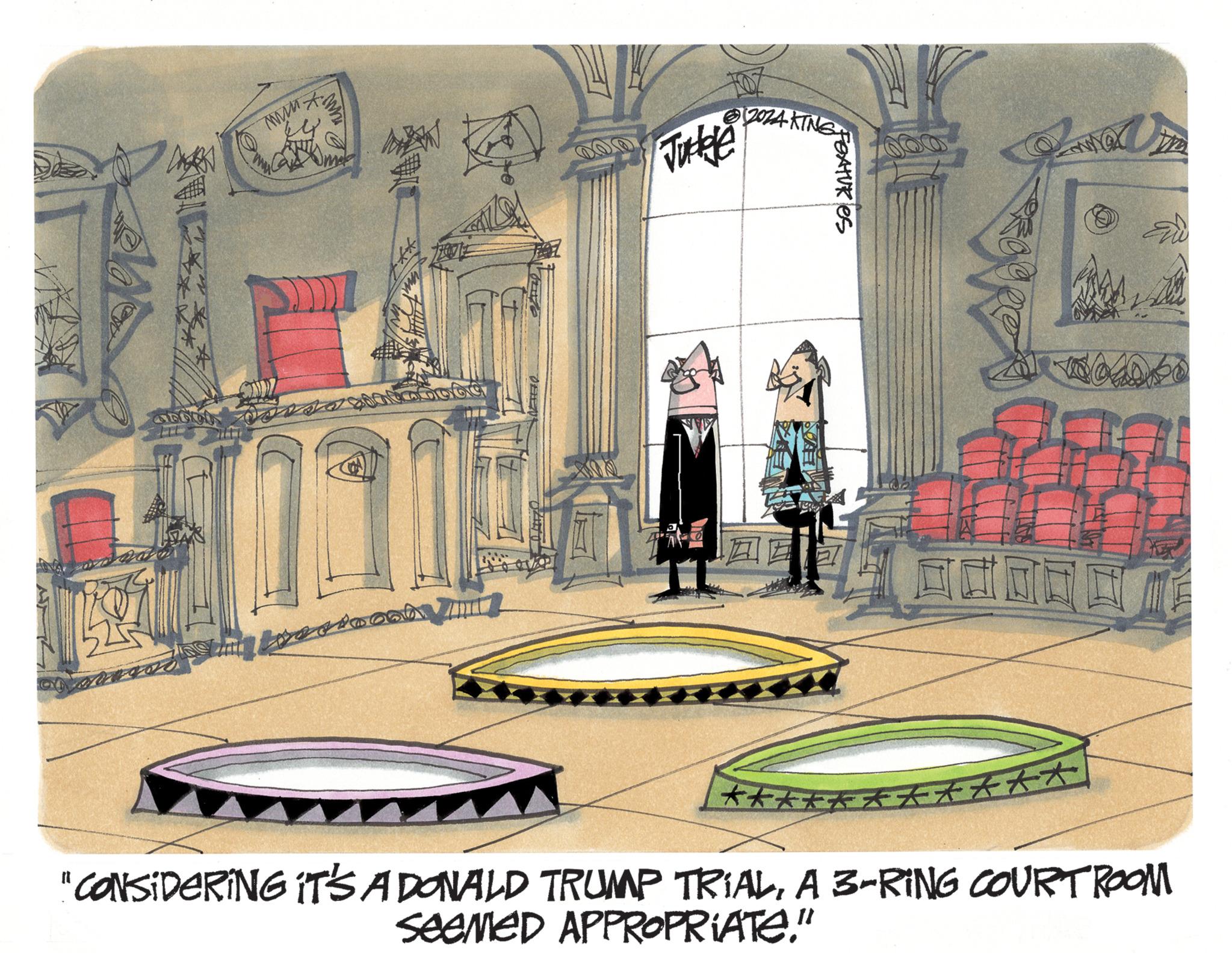 Visual arts OCR: FEATURES Juble 2024-KING "CONSIDERING IT'S A DONALD TRUMP TRIALA 3-RING COURTROOM SeeMeD APPROPRIATE." FEATURES Juble 2024 - KING " CONSIDERING IT'S A DONALD TRUMP TRIALA 3 - RING COURTROOM SeeMeD APPROPRIATE . "