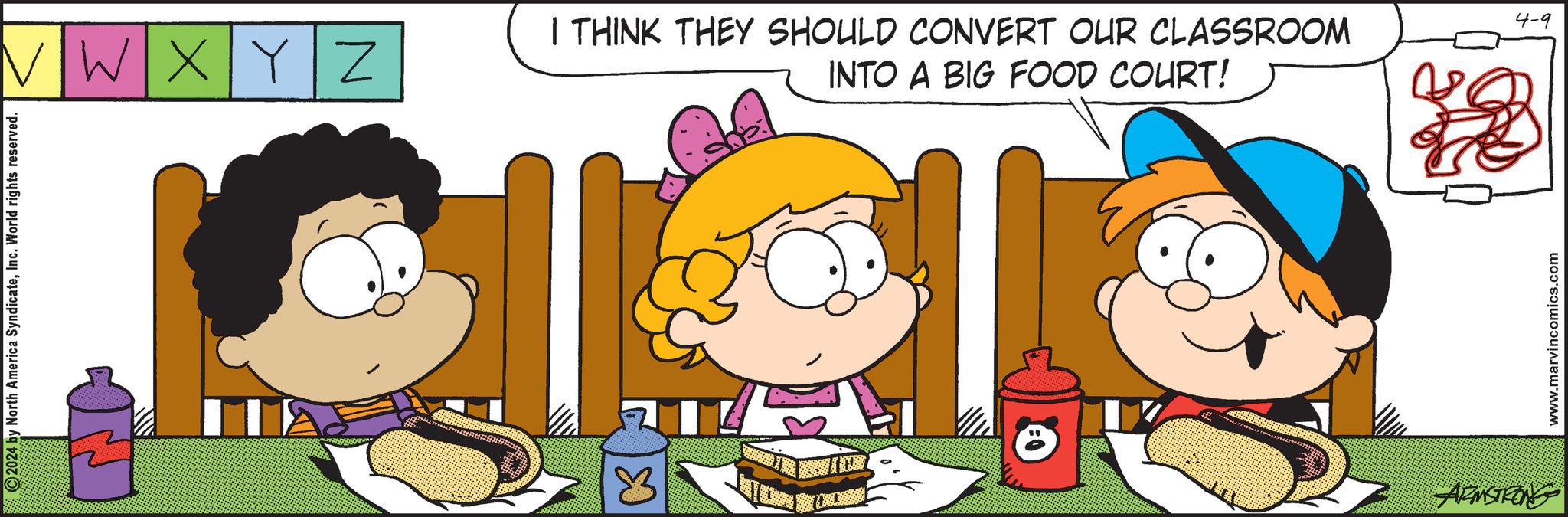 People OCR: 2024 by North America SyndicateInc. World rights reserved. 4-9 VWXYZ I THINK THEY SHOULD CONVERT OUR CLASSROOM INTO A BIG FOOD COURT! ARMSTRONG www.marvincomics.com 2024 by North America SyndicateInc. World rights reserved . 4-9 VWXYZ I THINK THEY SHOULD CONVERT OUR CLASSROOM INTO A BIG FOOD COURT ! ARMSTRONG www.marvincomics.com