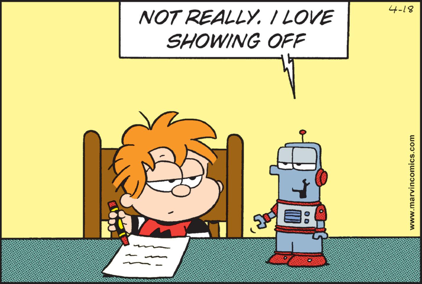 Illustration OCR: 50 ?: NOT REALLY. I LOVE SHOWING OFF www.marvincomics.com 81-77 50 ? : NOT REALLY . I LOVE SHOWING OFF www.marvincomics.com 81-77