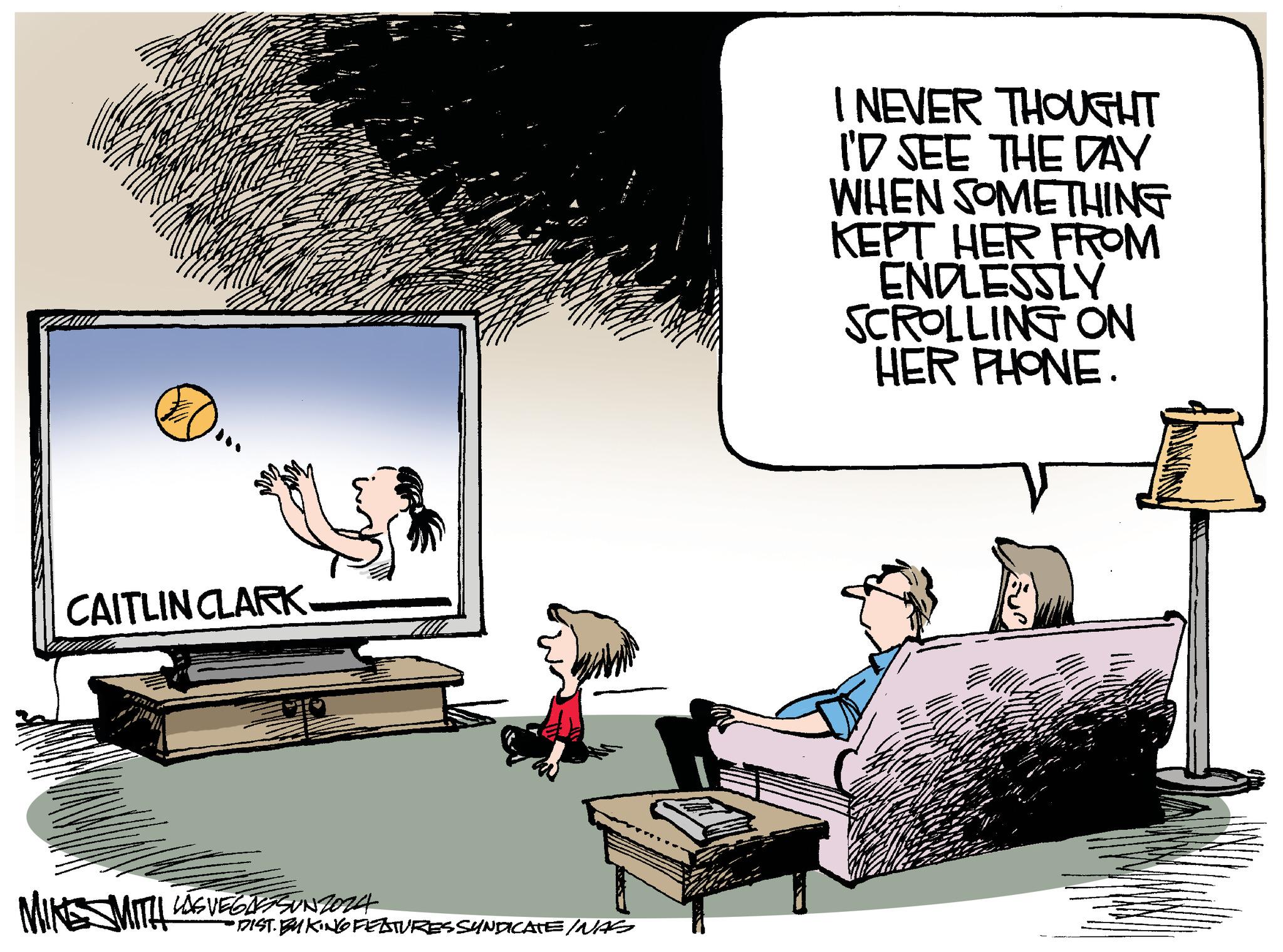 Design OCR: CAITLIN CLARKMIKE MITH LAS VEGASSUNZ024 •DIST. BY KING FEATURES SYNDICATE INAS I NEVER THOUGHT I'D SEE THE DAY WHEN SOMETHING KEPT HER FROM ENDLESSLY SCROLLING ON HER PHONE. CAITLIN CLARKMIKE MITH LAS VEGASSUNZ024 • DIST . BY KING FEATURES SYNDICATE INAS I NEVER THOUGHT I'D SEE THE DAY WHEN SOMETHING KEPT HER FROM ENDLESSLY SCROLLING ON HER PHONE .