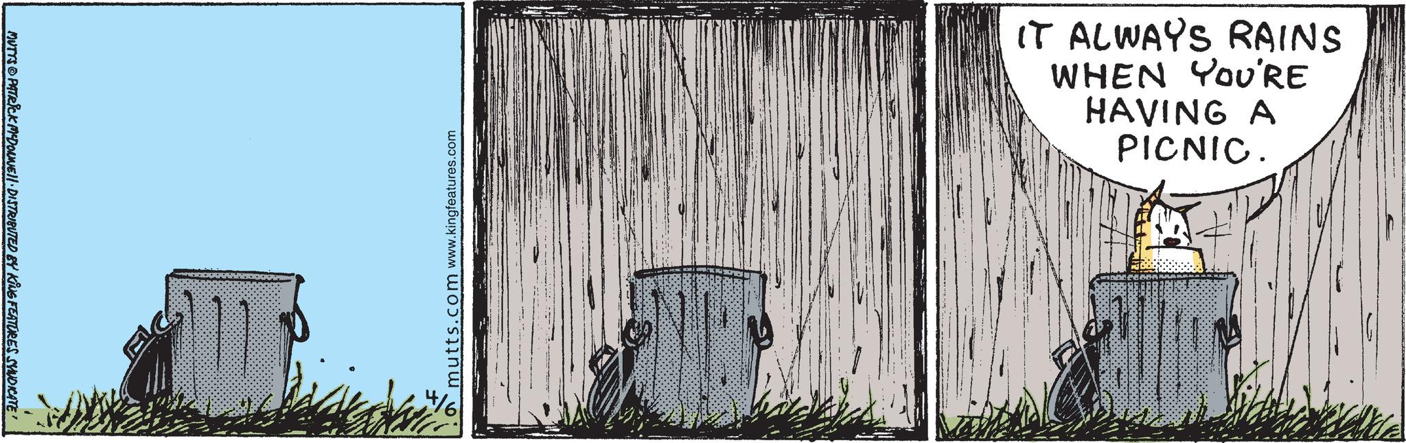 Monochrome OCR: MUTTS PATRICK MADONNELL DISTRIBUTED BY KING FEATURES SYNDICATE ' :0 mutts.com www.kingfeatures.com 4/6 IT ALWAYS RAINS WHEN YOU'RE HAVING A PICNIC. MUTTS PATRICK MADONNELL DISTRIBUTED BY KING FEATURES SYNDICATE ' : 0 mutts.com www.kingfeatures.com 4/6 IT ALWAYS RAINS WHEN YOU'RE HAVING A PICNIC .