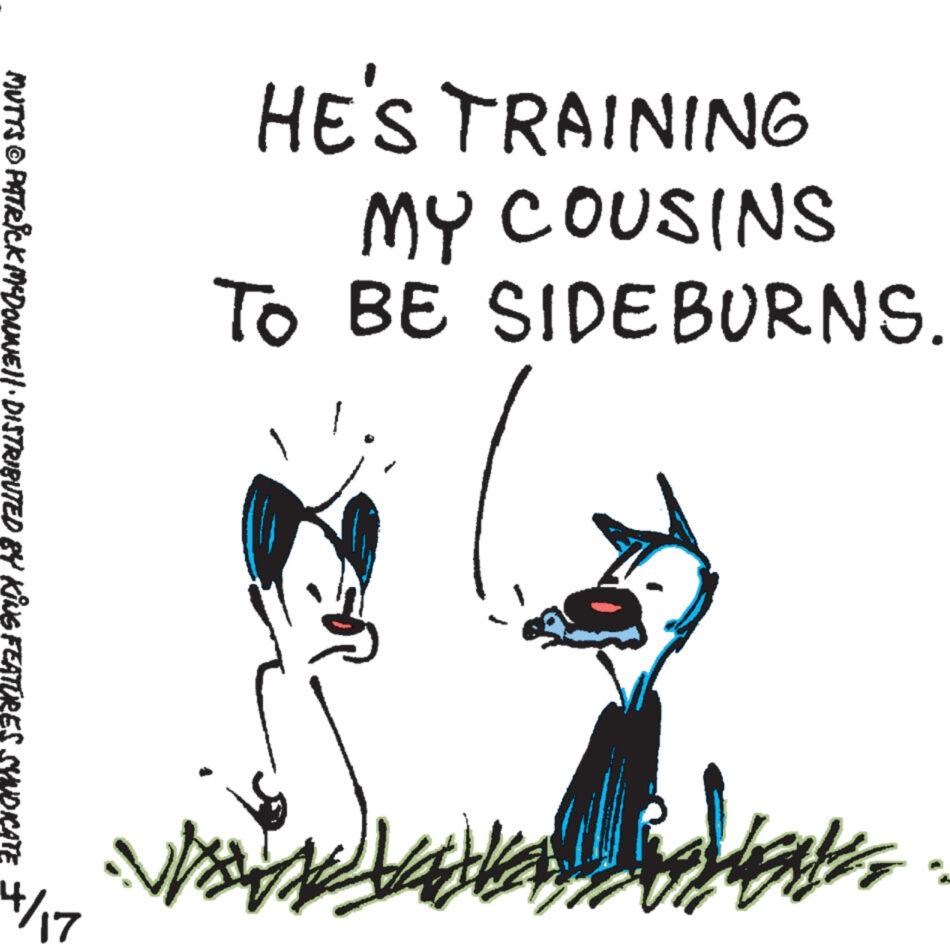 Drawing OCR: HE'S TRAINING MY COUSINS TO BE SIDEBURNS. MUTTS © PATRICK MYDONNE!! · DISTRIBUTED BY KING FEATURES SYNDICAT. HE'S TRAINING MY COUSINS TO BE SIDEBURNS . MUTTS © PATRICK MYDONNE !! · DISTRIBUTED BY KING FEATURES SYNDICAT .
