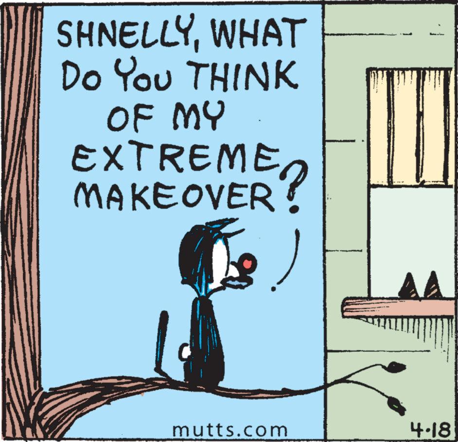 Handwriting OCR: SHNELLYWHAT Do You THINK OF MY EXTREME MAKEOVER mutts.com 4.18) SHNELLYWHAT Do You THINK OF MY EXTREME MAKEOVER mutts.com 4.18 )