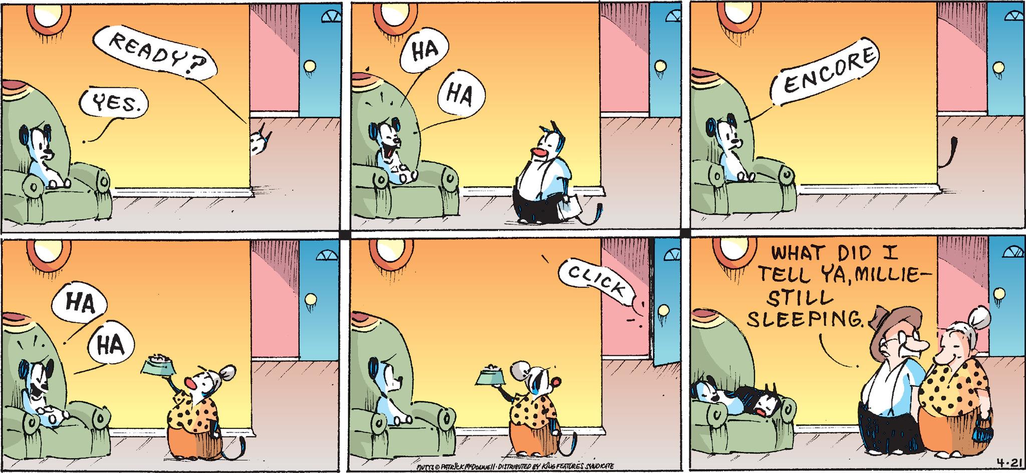 Illustration OCR: READY? YES HA HA HA HA CLICK MUTYS PATRICK MEDONNE DISTRIBUTED BY KING FEATURES SYNDICATE R ENCORE WHAT DID I TELL YAMILLIE- STILL SLEEPING. 4.21 READY ? YES HA HA HA HA CLICK MUTYS PATRICK MEDONNE DISTRIBUTED BY KING FEATURES SYNDICATE R ENCORE WHAT DID I TELL YAMILLIE- STILL SLEEPING . 4.21
