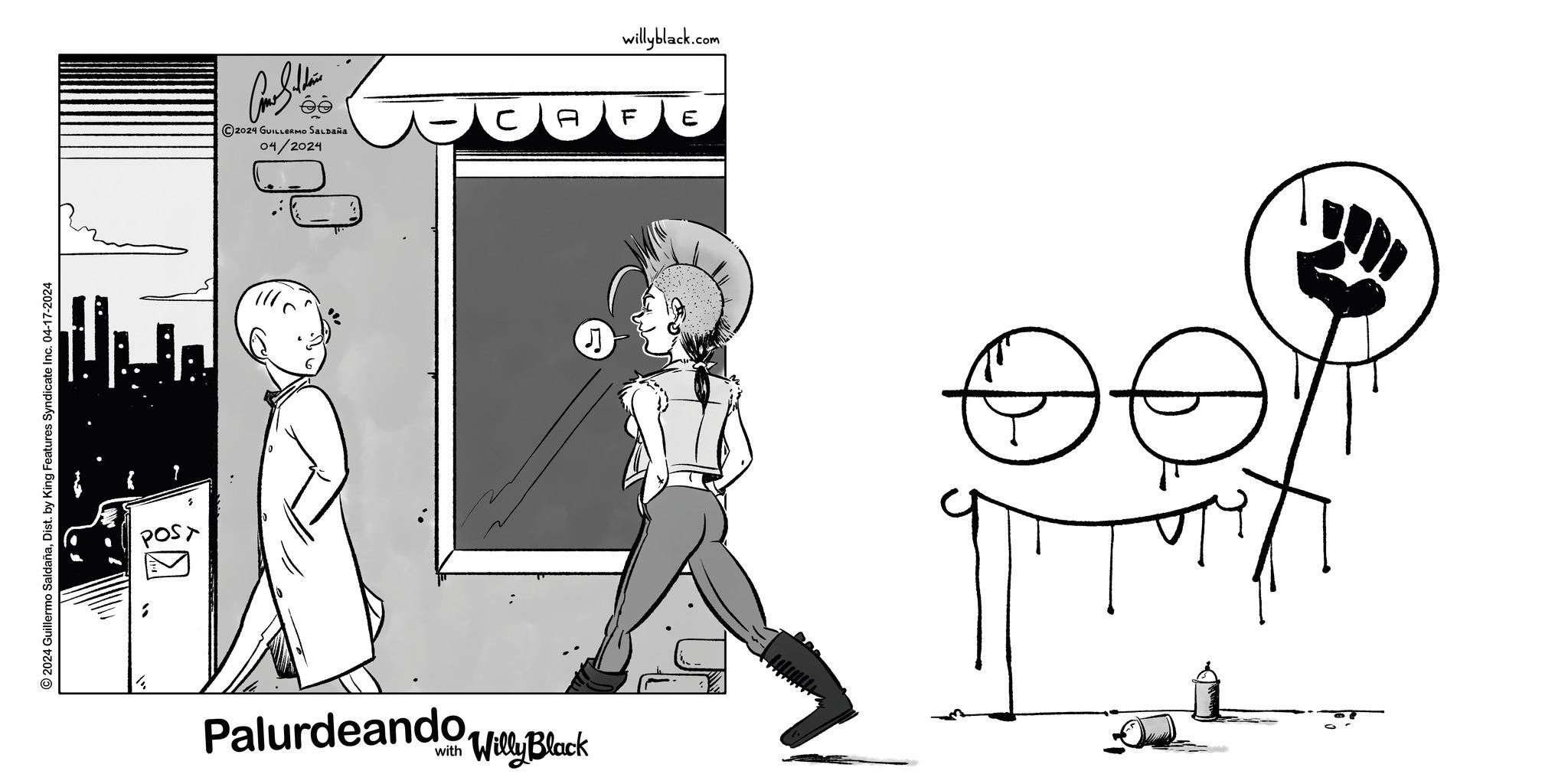 Font OCR: © 2024 Guillermo SaldañaDist. by King Features Syndicate Inc. 04-17-2024 POST ? 2024 GUILLERMO SALDAÑA 04/2024 willyblack.com CA F E Palurdeando Block Willy ? © 2024 Guillermo SaldañaDist . by King Features Syndicate Inc. 04-17-2024 POST ? 2024 GUILLERMO SALDAÑA 04/2024 willyblack.com CA F E Palurdeando Block Willy ?