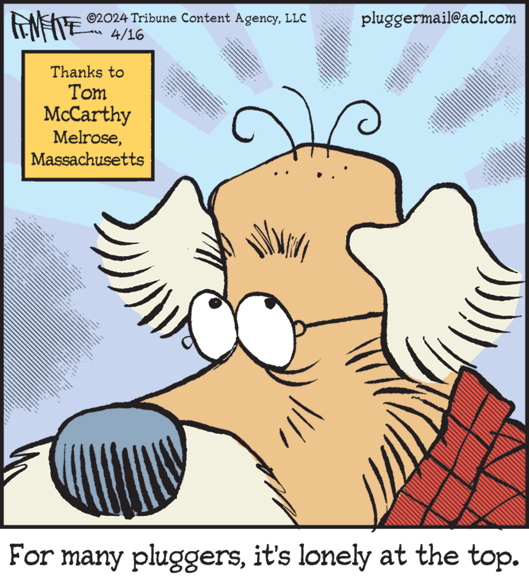 Illustration OCR: W ©2024 Tribune Content AgencyLLC 4/16 Thanks to Tom McCarthy MelroseMassachusetts web no pluggermail@aol.com For many pluggersit's lonely at the top. W © 2024 Tribune Content AgencyLLC 4/16 Thanks to Tom McCarthy MelroseMassachusetts web no pluggermail@aol.com For many pluggersit's lonely at the top .