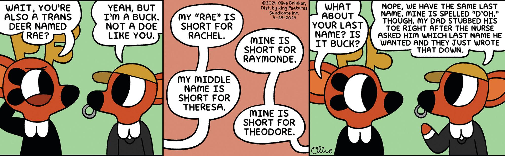 Fiction OCR: WAITYOU'RE ALSO A TRANS DEER NAMED RAE? YEAHBUT I'M A BUCK. NOT A DOE LIKE YOU. MY "RAE" IS SHORT FOR RACHEL. 02024 Olive BrinkerDist. by King Features Syndicate Inc. 4-25-2024 MINE IS SHORT FOR RAYMONDE. WHAT ABOUT YOUR LAST NAME? IS IT BUCK? NOPEWE HAVE THE SAME LAST NAME. MINE IS SPELLED "D'OH" THOUGH. MY DAD STUBBED HIS TOE RIGHT AFTER THE NURSE ASKED HIM WHICH LAST NAME HE WANTED AND THEY JUST WROTE THAT DOWN. MY MIDDLE NAME IS SHORT FOR THERESA. MINE IS SHORT FOR THEODORE. Olive WAITYOU'RE ALSO A TRANS DEER NAMED RAE ? YEAHBUT I'M A BUCK . NOT A DOE LIKE YOU . MY " RAE " IS SHORT FOR RACHEL . 02024 Olive BrinkerDist . by King Features Syndicate Inc. 4-25-2024 MINE IS SHORT FOR RAYMONDE . WHAT ABOUT YOUR LAST NAME ? IS IT BUCK ? NOPEWE HAVE THE SAME LAST NAME . MINE IS SPELLED " D'OH" THOUGH . MY DAD STUBBED HIS TOE RIGHT AFTER THE NURSE ASKED HIM WHICH LAST NAME HE WANTED AND THEY JUST WROTE THAT DOWN . MY MIDDLE NAME IS SHORT FOR THERESA . MINE IS SHORT FOR THEODORE . Olive