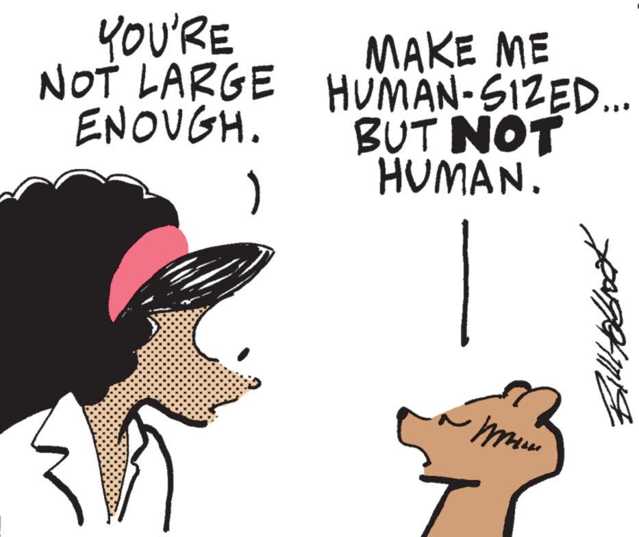 Finger OCR: YOU'RE NOT LARGE ENOUGH. 1 MAKE ME HUMAN-SIZED... BUT NOT HUMAN. ?? ????????? YOU'RE NOT LARGE ENOUGH . 1 MAKE ME HUMAN - SIZED ... BUT NOT HUMAN . ?? ?????????