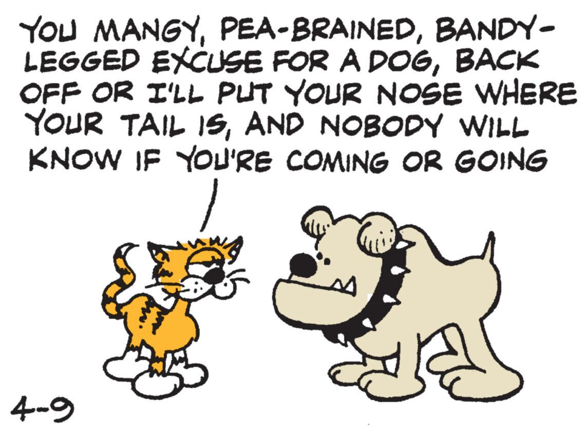 Art OCR: YOU MANGYBANDY- LEGGED EXCUSE FOR A DOGBACK OFF OR I'LL PUT YOUR NOSE WHERE YOUR TAIL ISAND NOBODY WILL KNOW IF YOU'RE COMING OR GOING 4-9 YOU MANGYPEA - BRAINEDBANDY- LEGGED EXCUSE FOR A DOGBACK OFF OR I'LL PUT YOUR NOSE WHERE YOUR TAIL ISAND NOBODY WILL KNOW IF YOU'RE COMING OR GOING 4-9