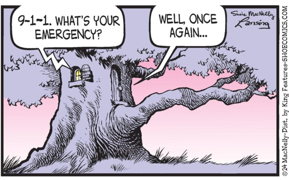 Line OCR: 9-1-1. WHAT'S YOUR EMERGENCY? ww WELLONCE AGAIN... Susie MacNelly Lansing ©24 MacNelly-Dist. by King Features-SHOECOMICS.COM 9-1-1 . WHAT'S YOUR EMERGENCY ? ww WELLONCE AGAIN ... Susie MacNelly Lansing © 24 MacNelly - Dist . by King Features-SHOECOMICS.COM