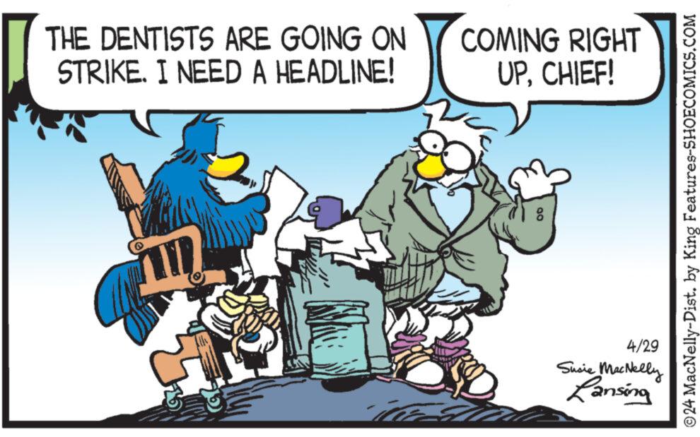 Rectangle OCR: THE DENTISTS ARE GOING ON STRIKE. I NEED A HEADLINE! COMING RIGHT UPCHIEF! 00 ©24 MacNelly-Dist. by King Features-SHOECOMICS.COM 4/29 Susie MacNelly Lansing THE DENTISTS ARE GOING ON STRIKE . I NEED A HEADLINE ! COMING RIGHT UPCHIEF ! 00 © 24 MacNelly - Dist . by King Features-SHOECOMICS.COM 4/29 Susie MacNelly Lansing