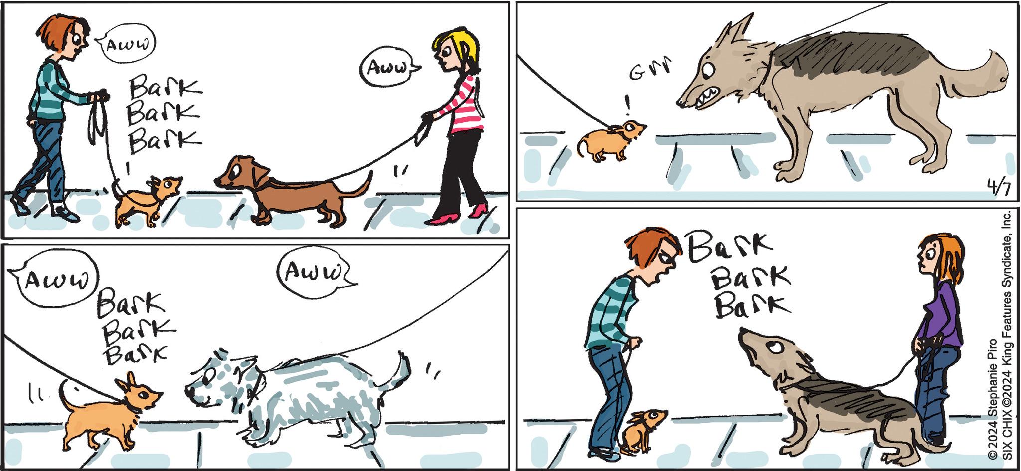 Parallel OCR: JAWW. Bark Bark Bark (Aww> Grr Aww (Aww) Bask Bark Bark Bark Bark ? Bark 4/7 2024 Stephanie Piro SIX CHIX ©2024 King Features SyndicateInc. JAWW . Bark Bark Bark ( Aww > Grr Aww ( Aww ) Bask Bark Bark Bark Bark ? Bark 4/7 2024 Stephanie Piro SIX CHIX © 2024 King Features Syndicate