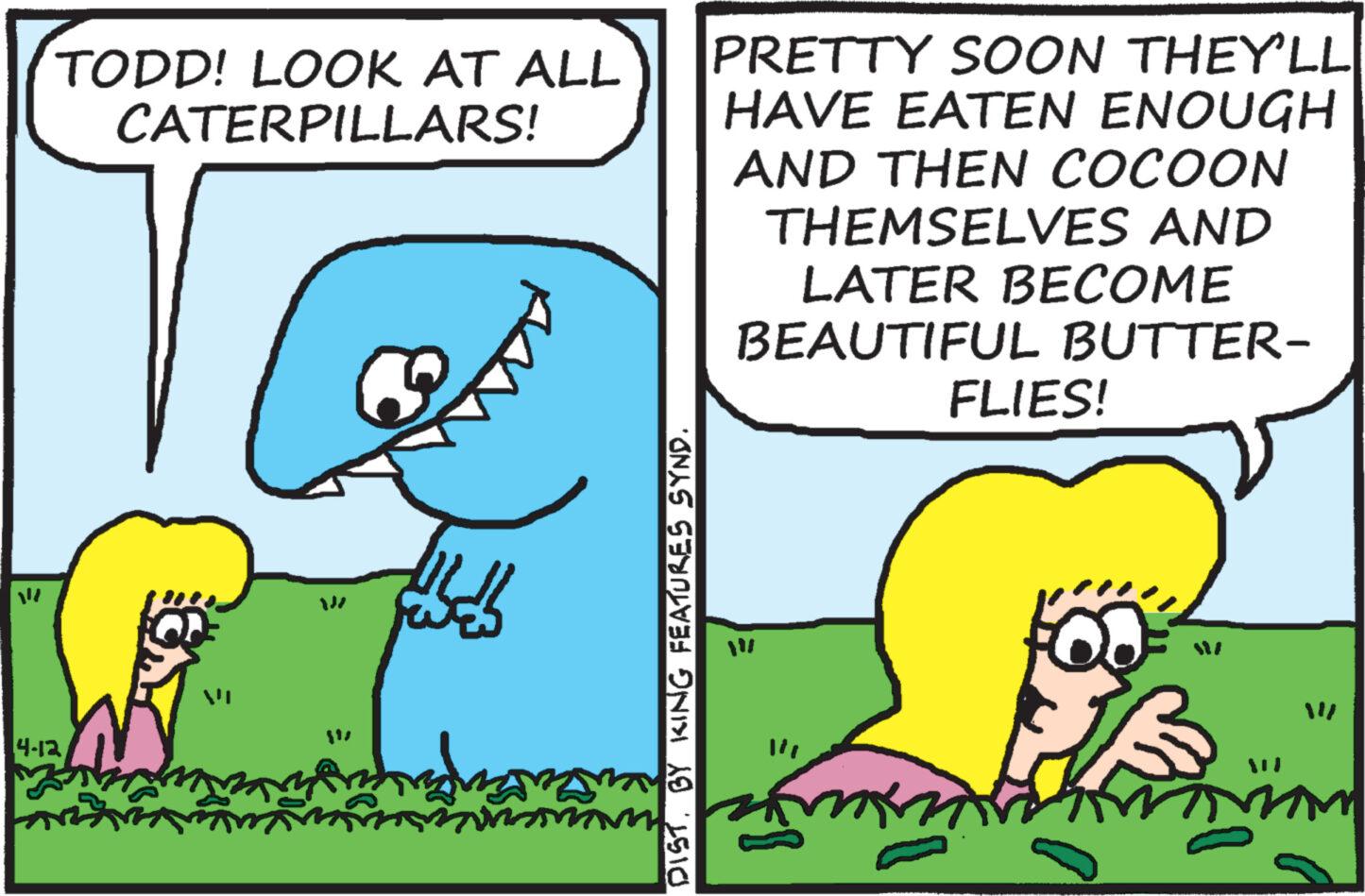 Happy OCR: TODD! LOOK AT ALL CATERPILLARS! PRETTY SOON THEY'LL HAVE EATEN ENOUGH AND THEN COCOON THEMSELVES AND LATER BECOME BEAUTIFUL BUTTER- FLIES! E 4-12 VI = W DIST. BY KING FEATURES SYND. ? TODD ! LOOK AT ALL CATERPILLARS ! PRETTY SOON THEY'LL HAVE EATEN ENOUGH AND THEN COCOON THEMSELVES AND LATER BECOME BEAUTIFUL BUTTER- FLIES ! E 4-12 VI = W DIST . BY KING FEATURES SYND . ?