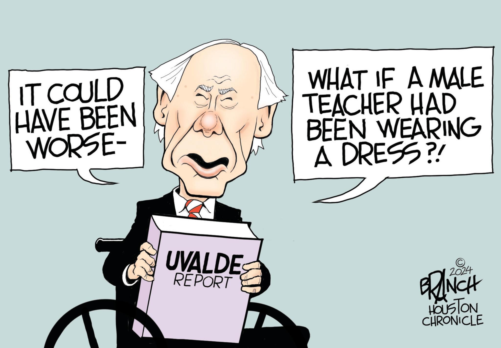 Jaw OCR: IT COULD HAVE BEEN WORSE- WHAT IF A MALE TEACHER HAD BEEN WEARING A DRESS?! UVALDE REPORT 2024 BRANCH HOUSTON CHRONICLE IT COULD HAVE BEEN WORSE- WHAT IF A MALE TEACHER HAD BEEN WEARING A DRESS ?! UVALDE REPORT 2024 BRANCH HOUSTON CHRONICLE