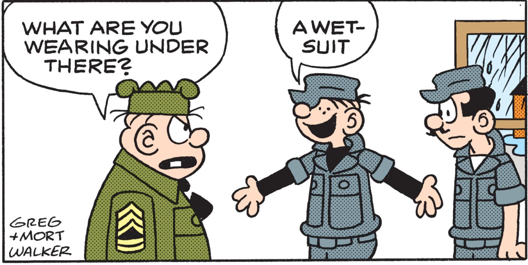 Conversation OCR: WHAT ARE YOU WEARING UNDER THERE? A WET- SUIT GREG + MORT WALKER WHAT ARE YOU WEARING UNDER THERE ? A WET- SUIT GREG + MORT WALKER