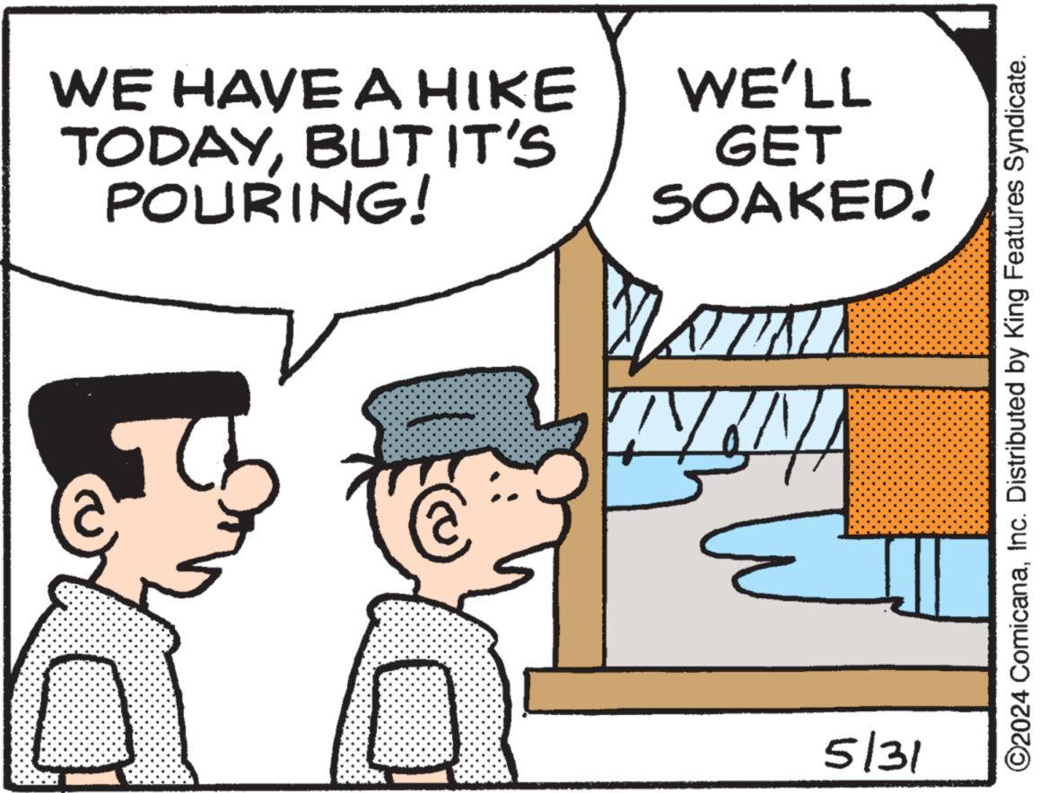 Rectangle OCR: WE HAVE A HIKE TODAYBUT IT'S POURING! WE'LL GET SOAKED! 5/31 ©2024 ComicanaInc. Distributed by King Features Syndicate. WE HAVE A HIKE TODAYBUT IT'S POURING ! WE'LL GET SOAKED ! 5/31 © 2024 ComicanaInc. Distributed by King Features Syndicate .