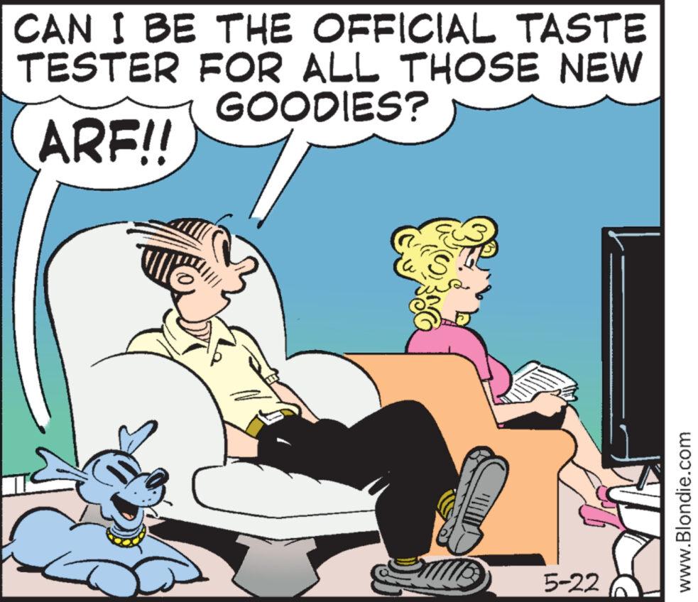 Font OCR: CAN I BE THE OFFICIAL TASTE TESTER FOR ALL THOSE NEW GOODIES? ARF!! S 5-22 www.Blondie.com CAN I BE THE OFFICIAL TASTE TESTER FOR ALL THOSE NEW GOODIES ? ARF !! S 5-22 www.Blondie.com