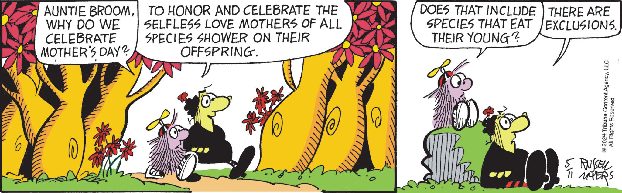 Publication OCR: AUNTIE BROOMWHY DO WE CELEBRATE MOTHER'S DAY? TO HONOR AND CELEBRATE THE SELFLESS LOVE MOTHERS OF ALL SPECIES SHOWER ON THEIR OFFSPRING. DOES THAT INCLUDE THERE ARE SPECIES THAT EAT EXCLUSIONS.THEIR YOUNG? THE 11 © 2024 Tribune Content AgencyLLC All Rights Reserved 5 RUSSELL MYERS AUNTIE BROOMWHY DO WE CELEBRATE MOTHER'S DAY ? TO HONOR AND CELEBRATE THE SELFLESS LOVE MOTHERS OF ALL SPECIES SHOWER ON THEIR OFFSPRING . DOES THAT INCLUDE THERE ARE SPECIES THAT EAT EXCLUSIONS .THEIR YOUNG ? THE 11 © 2024 Tribune Content AgencyLLC All Rights Reserved 5 RUSSELL MYERS