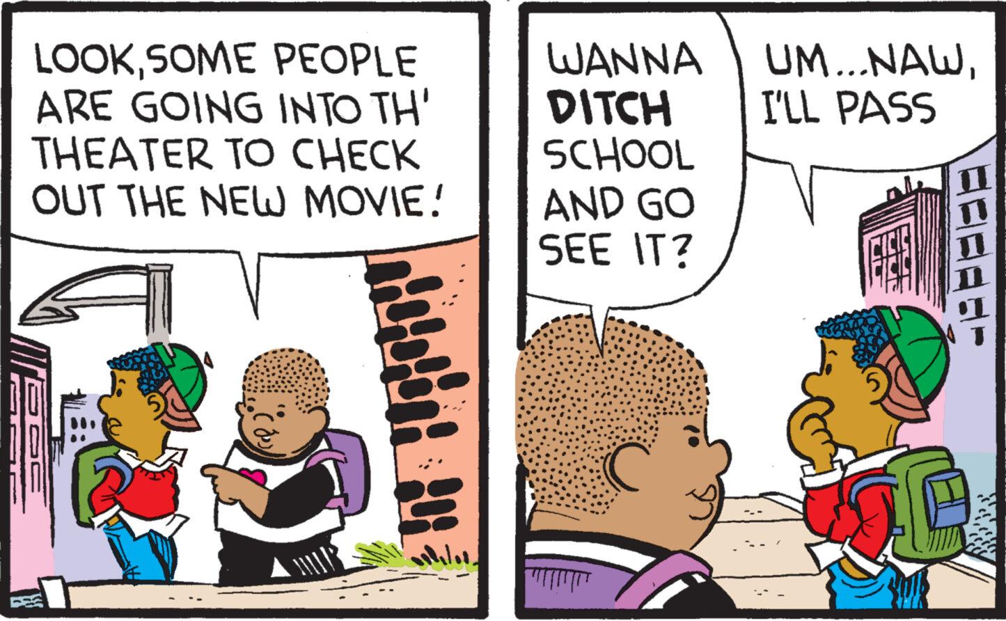 Interaction OCR: LOOKSOME PEOPLE ARE GOING INTO TH' THEATER TO CHECK OUT THE NEW MOVIE! WANNA DITCH SCHOOL AND GO UM...NAWI'LL PASS SEE IT? LOOKSOME PEOPLE ARE GOING INTO TH ' THEATER TO CHECK OUT THE NEW MOVIE ! WANNA DITCH SCHOOL AND GO UM ... NAWI'LL PASS SEE IT ?