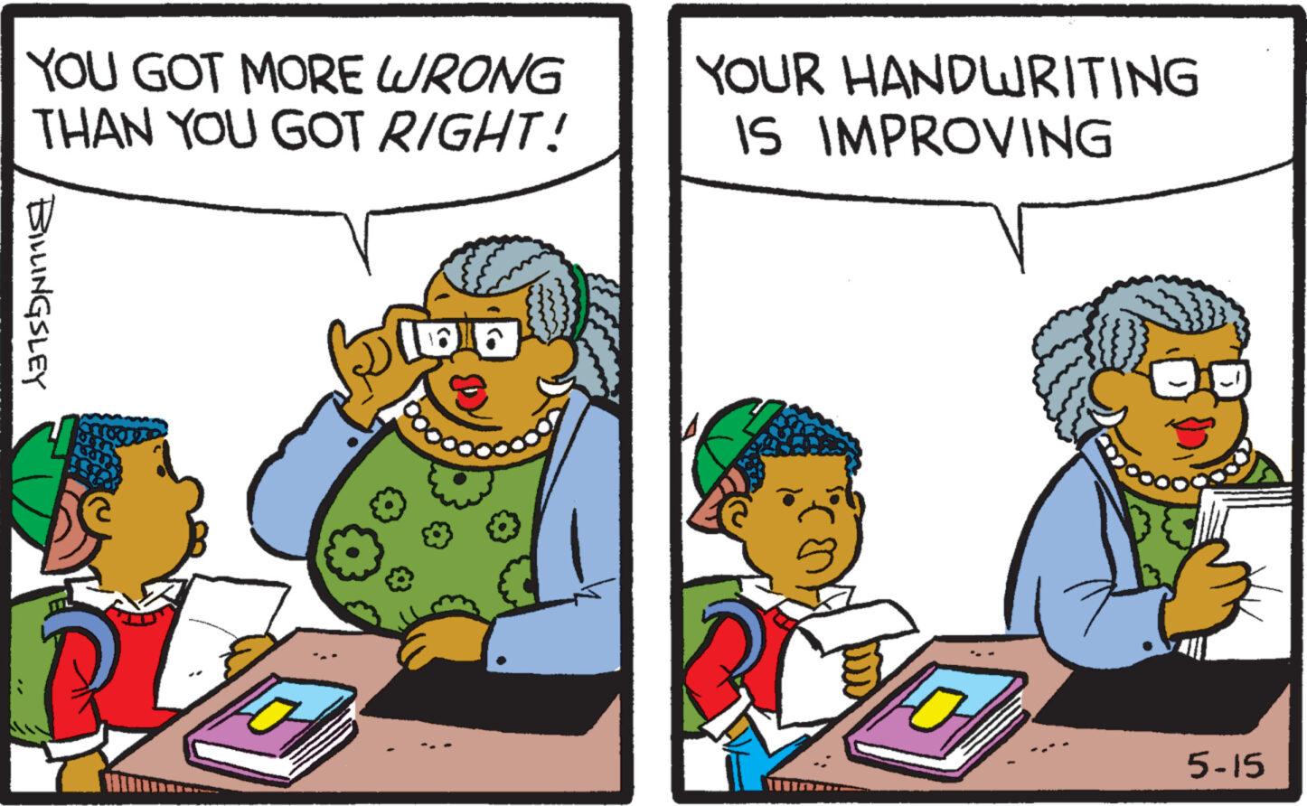Line OCR: YOU GOT MORE WRONG THAN YOU GOT RIGHT! YOUR HANDWRITING IS IMPROVING BILLINGSLEY 5-15 YOU GOT MORE WRONG THAN YOU GOT RIGHT ! YOUR HANDWRITING IS IMPROVING BILLINGSLEY 5-15