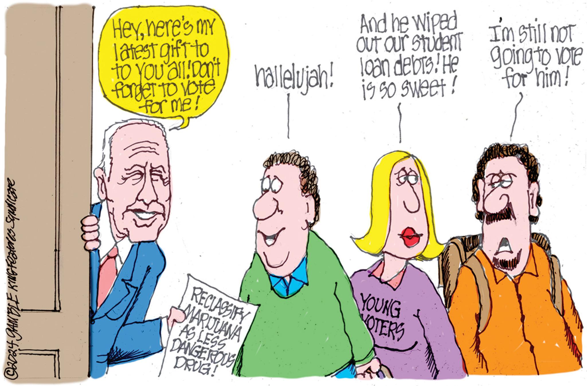Social group OCR: ©2024 GAMBLE KING Featores Squdicare Heyhere's my latest gift to all! And he wiped out our student I'm still not going to vote is so sweet! for him! to you alipon't hallelujah! loan debts! He vote for me! RECLASSIFY MARIJUANA AS LESS DANGEROUS DRUG! YOUNG VOTERS © 2024 GAMBLE KING Featores Squdicare Heyhere's my latest gift to all ! And he wiped out our student I'm still not going to vote is so sweet ! for him ! to you alipon't hallelujah ! loan debts ! He vote for me ! RECLASSIFY MARIJUANA AS LESS DANGEROUS DRUG ! YOUNG VOTERS