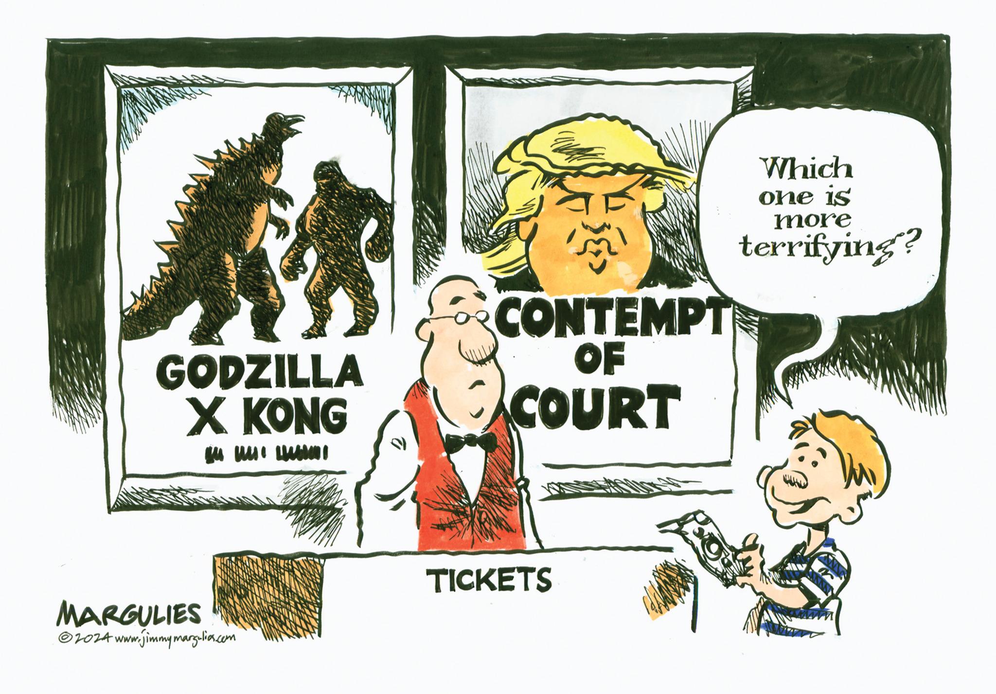 Design OCR: E GODZILLA X KONG uu CONTEMPT OF COURT Which one is more terrifying? MARGULIES 2024 www.jimmymargulies.com TICKETS E GODZILLA X KONG uu CONTEMPT OF COURT Which one is more terrifying ? MARGULIES 2024 www.jimmymargulies.com TICKETS