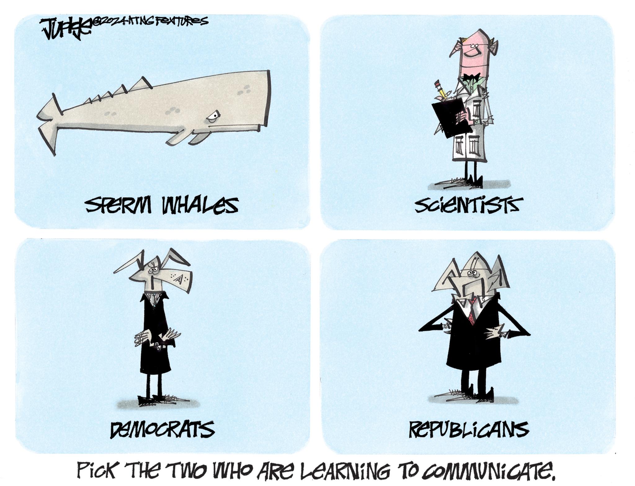 Illustration OCR: Juke HATING FEXTURES SPERM WHALES SCIENTISTS 4 DEMOCRATS REPUBLICANS Pick THE TWO WHO ARE LEARNING TO COMMUNICATE. Juke HATING FEXTURES SPERM WHALES SCIENTISTS 4 DEMOCRATS REPUBLICANS Pick THE TWO WHO ARE LEARNING TO COMMUNICATE .