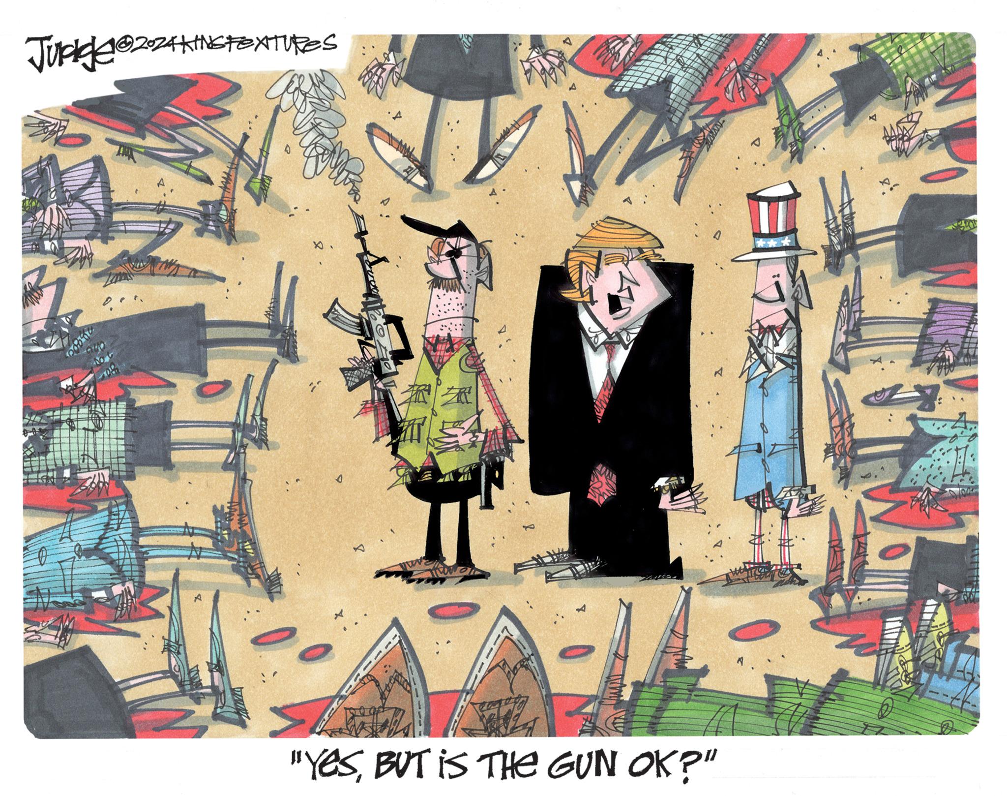 Design OCR: Judge?2024KINGFEXTURES D 0 "YesBUT IS THE GUN OK?" Judge?2024KINGFEXTURES D 0 " YesBUT IS THE GUN OK ? "