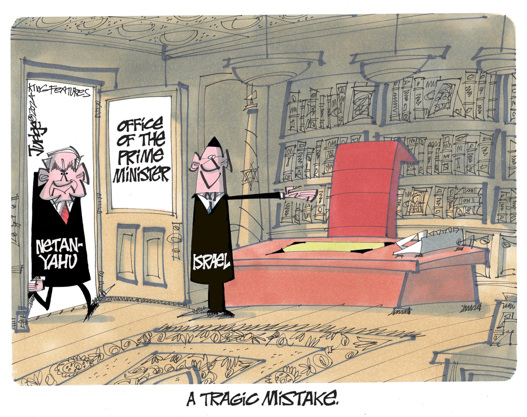 Painting OCR: KING FEATURES Judges OFFICE OF THE PRIME MINISTER NeTAN- YAHU ISRAEL ZA ??? AM ? A TRAGIC MISTAKE. MMM E Mun KING FEATURES Judges OFFICE OF THE PRIME MINISTER NeTAN- YAHU ISRAEL ZA ??? AM ? A TRAGIC MISTAKE . MMM E Mun