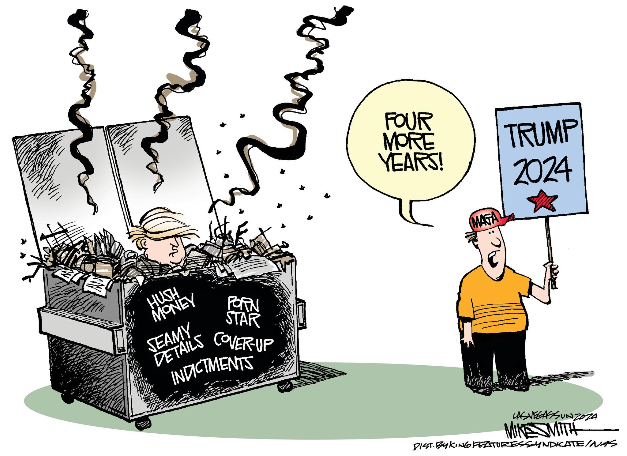 Illustration OCR: HUSH MONEY PORN SEAMY DETAILS STAR COVER-UP INDICTMENTS FOUR MORE YEARS! TRUMP 2024 MAGA LAS VEGASSUNZOZA MIKE SMITH DIST.BYKING FEATURESSYNDICATE/NAS HUSH MONEY PORN SEAMY DETAILS STAR COVER - UP INDICTMENTS FOUR MORE YEARS ! TRUMP 2024 MAGA LAS VEGASSUNZOZA MIKE SMITH DIST.BYKING FEATURESSYNDICATE / NAS