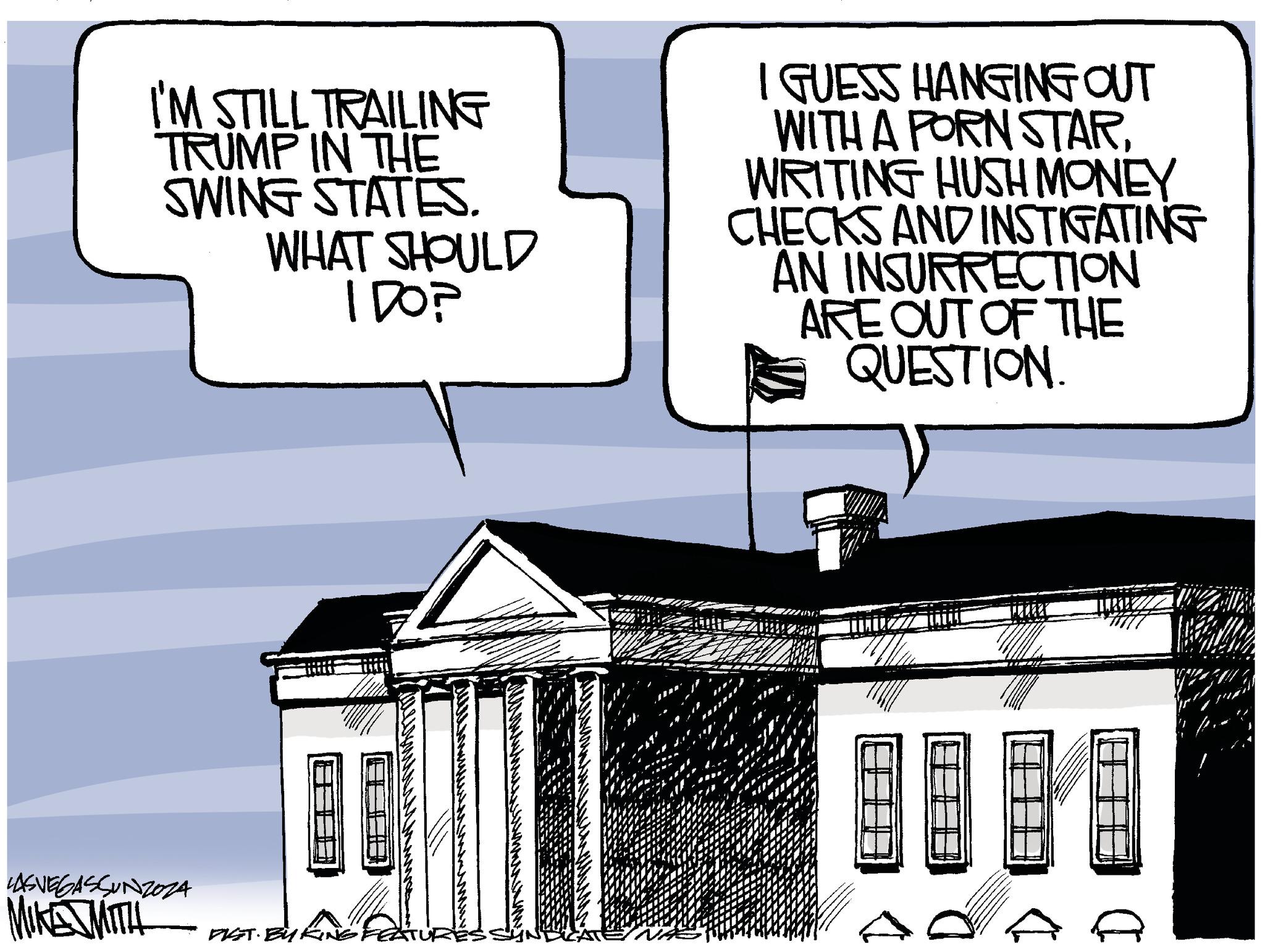 House OCR: LASVEGASSUNZOZA I'M STILL TRAILING TRUMP IN THE SWING STATES. WHAT SHOULD I DO? I GUESS HANGING OUT WITH A PORN STARWRITING HUSH MONEY CHECKS AND INSTIGATING AN INSURRECTION ARE OUT OF THE QUESTION. MIKE MITH DIST. BU KN D LASVEGASSUNZOZA I'M STILL TRAILING TRUMP IN THE SWING STATES . WHAT SHOULD I DO ? I GUESS HANGING OUT WITH A PORN STARWRITING HUSH MONEY CHECKS AND INSTIGATING AN INSURRECTION ARE OUT OF THE QUESTION . MIKE MITH DIST . BU KN D