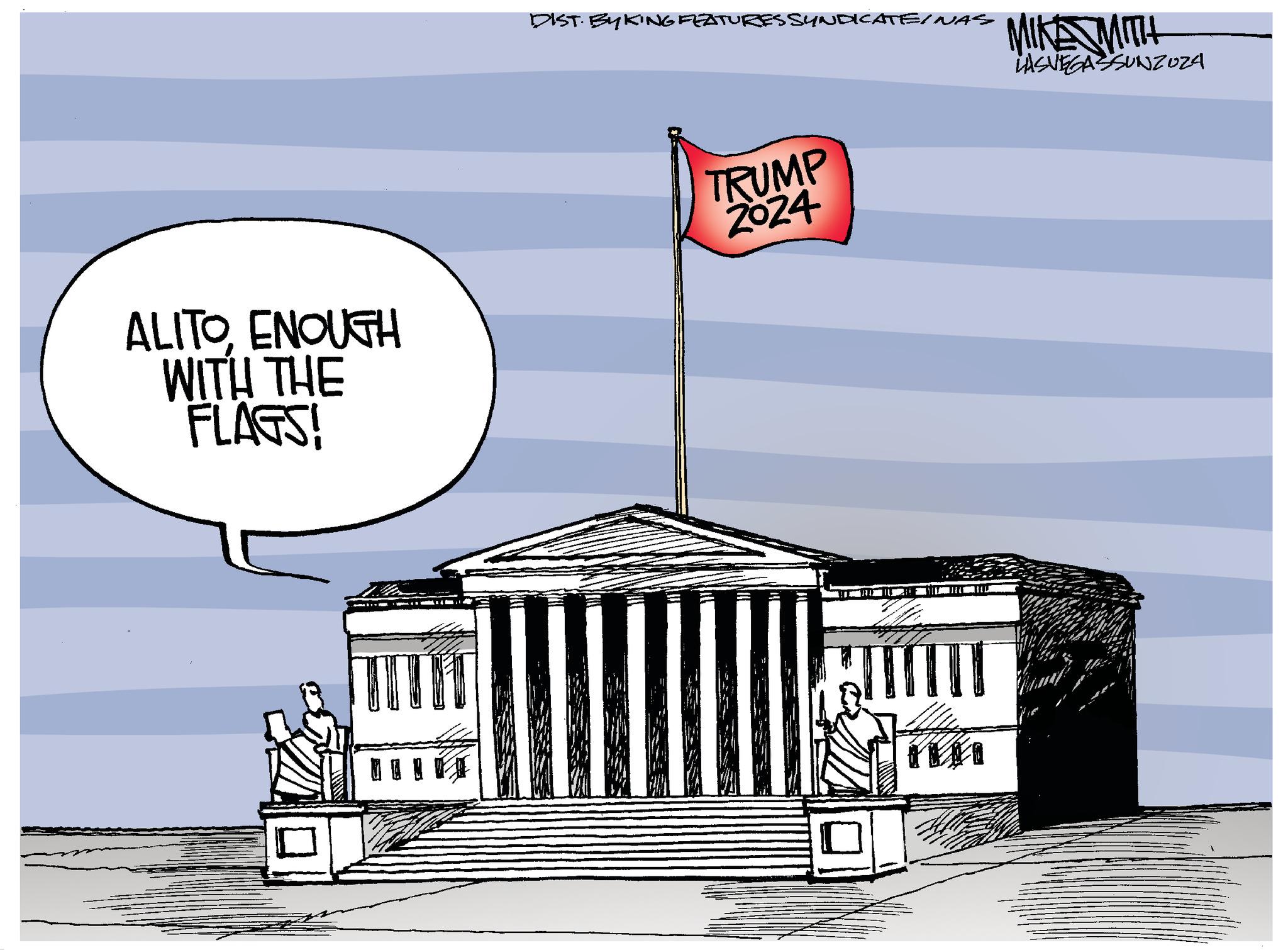 Illustration OCR: DIST. BY KING FEATURES SYNDICATEINAS MIKE MITH LASVEGASSUNZOZA ALITOENOUGH WITH THE FLAGS! TRUMP 2024 DIST . BY KING FEATURES SYNDICATEINAS MIKE MITH LASVEGASSUNZOZA ALITOENOUGH WITH THE FLAGS ! TRUMP 2024