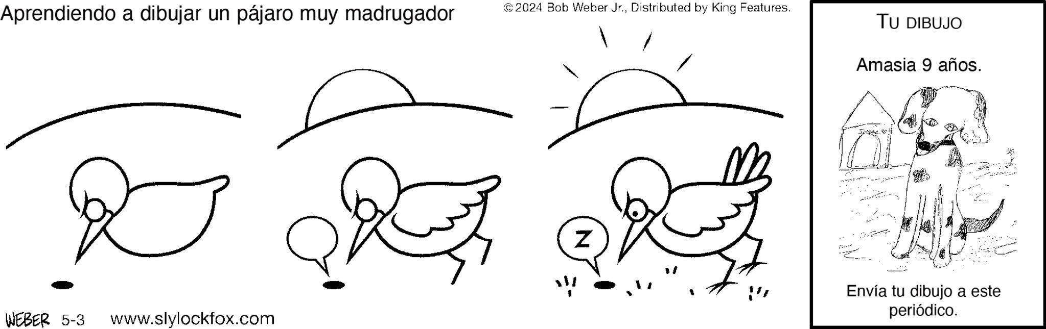 Ear OCR: Aprendiendo a dibujar un pájaro muy madrugador © 2024 Bob Weber Jr.Distributed by King Features. WEBER 5-3 www.slylockfox.com Z " TU DIBUJO Amasia 9 años. Envía tu dibujo a este periódico. Aprendiendo a dibujar un pájaro muy madrugador © 2024 Bob Weber Jr.Distributed by King Features . WEBER 5-3 www.slylockfox.com Z " TU DIBUJO Amasia 9 años . Envía tu dibujo a este periódico .