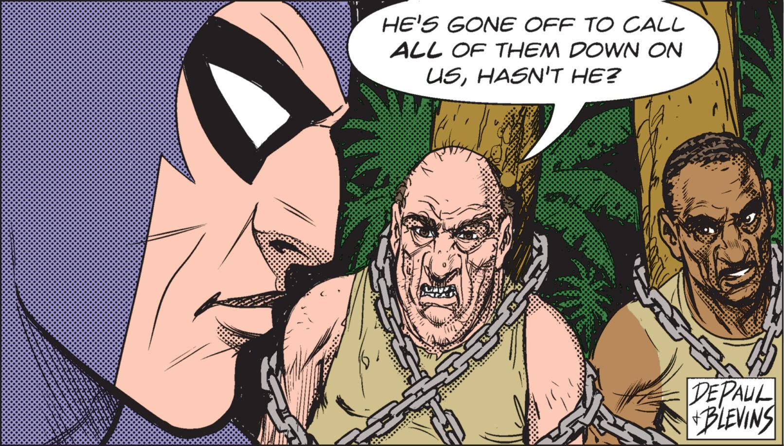 Drawing OCR: HE'S GONE OFF TO CALL ALL OF THEM DOWN ON USHASN'T HE? DEPAUL +BLEVINS HE'S GONE OFF TO CALL ALL OF THEM DOWN ON USHASN'T HE ? DEPAUL + BLEVINS