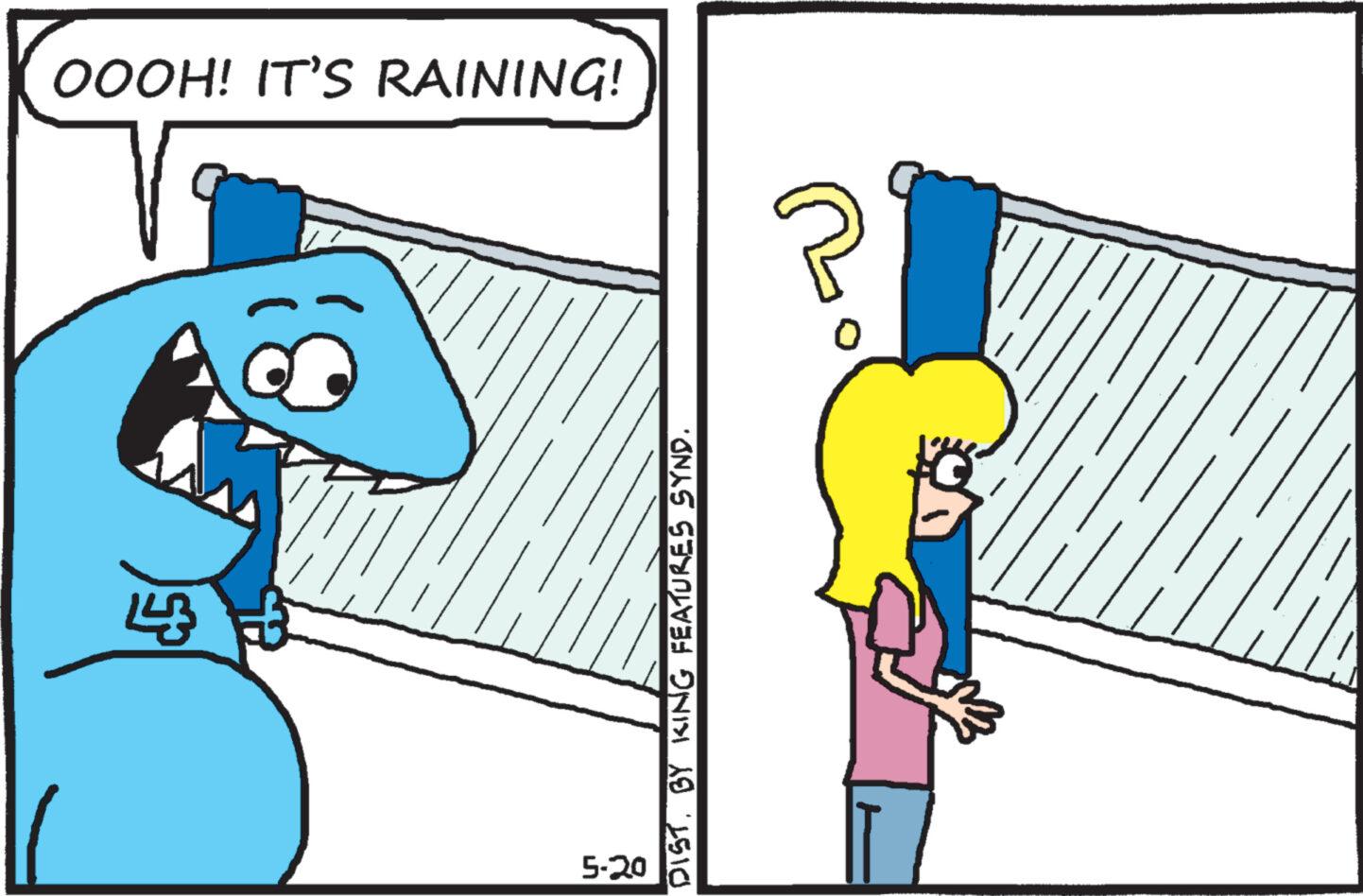 Happy OCR: OOOH! IT'S RAINING! ? 443 3 5-20 DIST. BY KING FEATURES SYND. OOOH ! IT'S RAINING ! ? 443 3 5-20 DIST . BY KING FEATURES SYND .