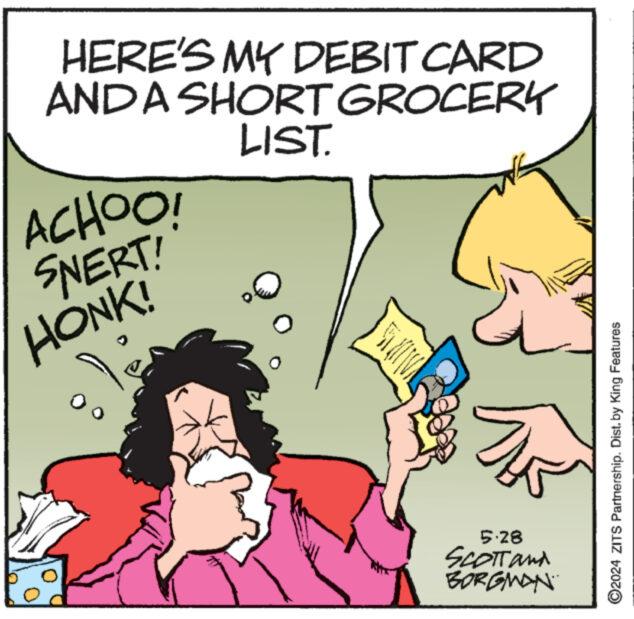 Gesture OCR: HERE'S MY DEBIT CARD AND A SHORT GROCERY LIST. ACHOO! SNERT! HONK! 5.28 SCOTT and BORGMAN ©2024 ZITS Partnership. Dist. by King Features HERE'S MY DEBIT CARD AND A SHORT GROCERY LIST . ACHOO ! SNERT ! HONK ! 5.28 SCOTT and BORGMAN © 2024 ZITS Partnership . Dist . by King Features
