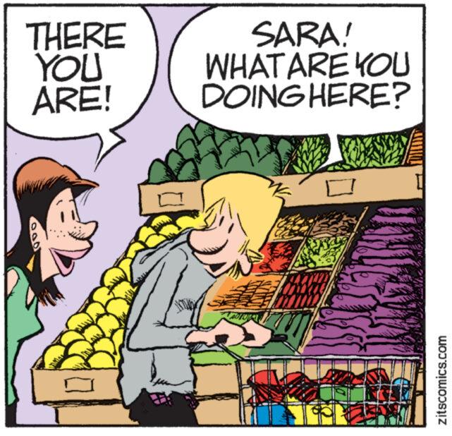 Illustration OCR: THERE SARA! YOU ARE! WHAT ARE YOU DOING HERE? 000 ? zitscomics.com THERE SARA ! YOU ARE ! WHAT ARE YOU DOING HERE ? 000 ? zitscomics.com