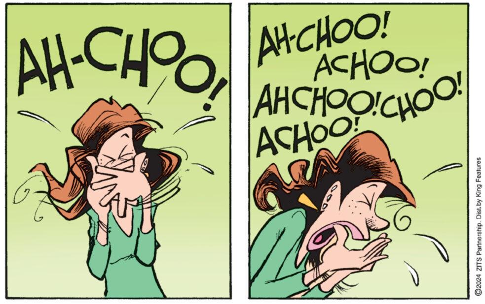 Fictional character OCR: AH-CHOOAHCHOO!CHOO! ACHOO! AH-CHOO! ACHOO ? ©2024 ZITS Partnership. Dist. by King Features AH - CHOOAHCHOO ! CHOO ! ACHOO ! AH - CHOO ! ACHOO ? © 2024 ZITS Partnership . Dist . by King Features