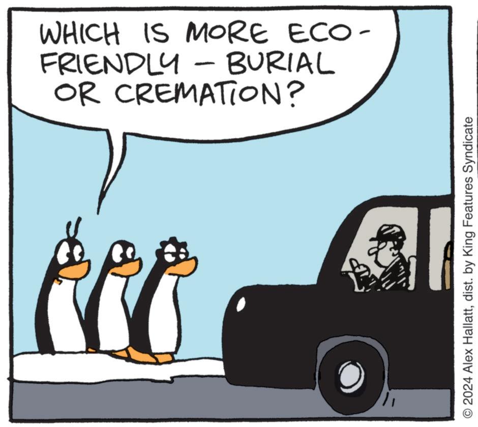 Tire OCR: D WHICH IS MORE ECO- FRIENDLY - BURIAL OR CREMATION? O O2024 Alex Hallattdist. by King Features Syndicate D WHICH IS MORE ECO- FRIENDLY - BURIAL OR CREMATION ? O O2024 Alex Hallattdist . by King Features Syndicate