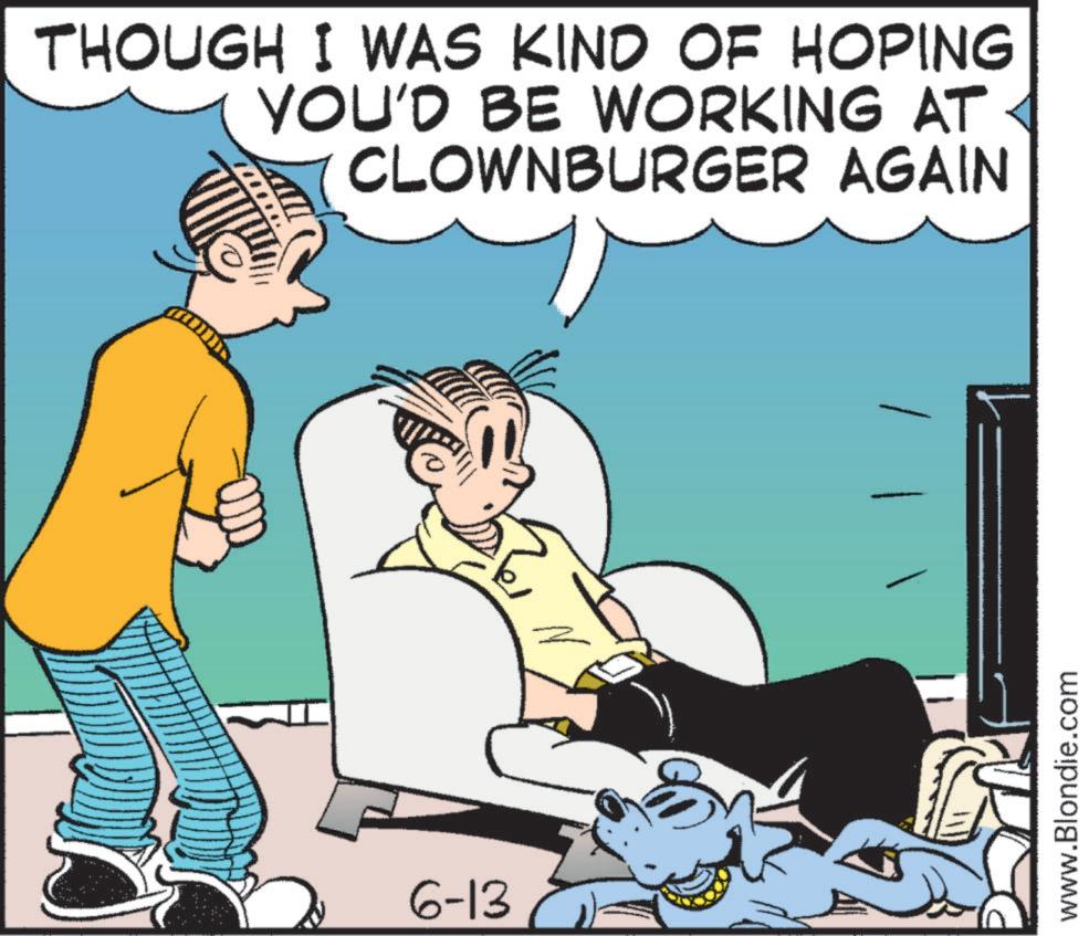 Conversation OCR: THOUGH I WAS KIND OF HOPING YOU'D BE WORKING AT < CLOWNBURGER AGAIN 6-13 www.Blondie.com THOUGH I WAS KIND OF HOPING YOU'D BE WORKING AT < CLOWNBURGER AGAIN 6-13 www.Blondie.com