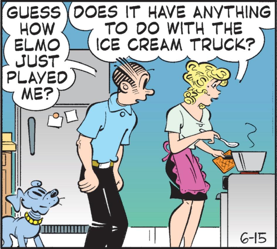 Interaction OCR: GUESS DOES IT HAVE ANYTHING HOW TO DO WITH THE ELMO ICE CREAM TRUCK? JUST PLAYED ME? S 6-15 GUESS DOES IT HAVE ANYTHING HOW TO DO WITH THE ELMO ICE CREAM TRUCK ? JUST PLAYED ME ? S 6-15