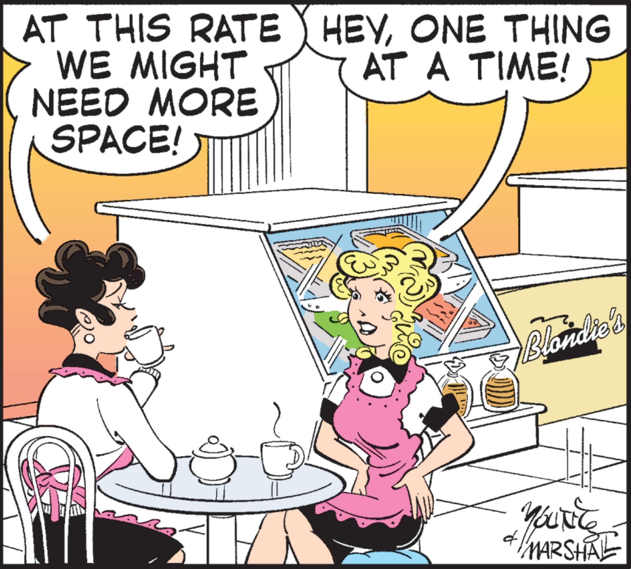 Interaction OCR: AT THIS RATE HEYONE THING WE MIGHT NEED MORE SPACE! AT A TIME! Blondie's YouTile & MARSHAL AT THIS RATE HEYONE THING WE MIGHT NEED MORE SPACE ! AT A TIME ! Blondie's YouTile & MARSHAL