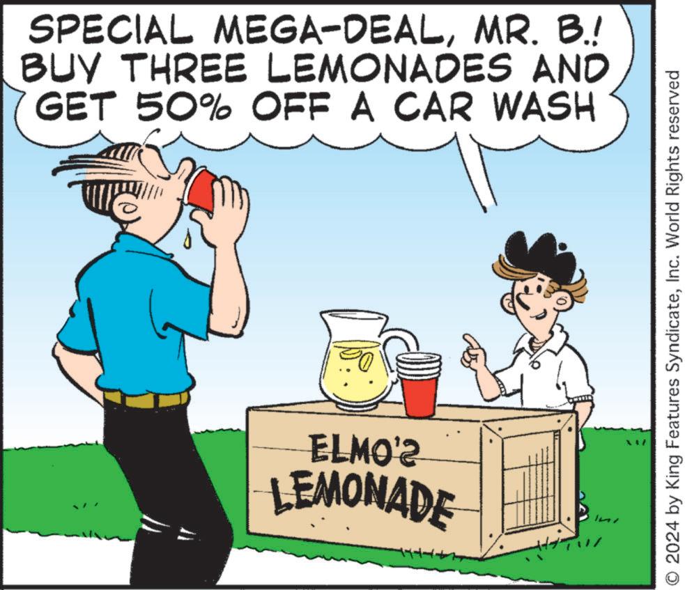Conversation OCR: SPECIAL MEGA-DEALMR. B.! BUY THREE LEMONADES AND GET 50% OFF A CAR WASH ELMO'2 LEMONADE O 2024 by King Features SyndicateInc. World Rights reserved SPECIAL MEGA - DEALMR . B. ! BUY THREE LEMONADES AND GET 50 % OFF A CAR WASH ELMO'2 LEMONADE O 2024 by King Features SyndicateInc. World Rights reserved