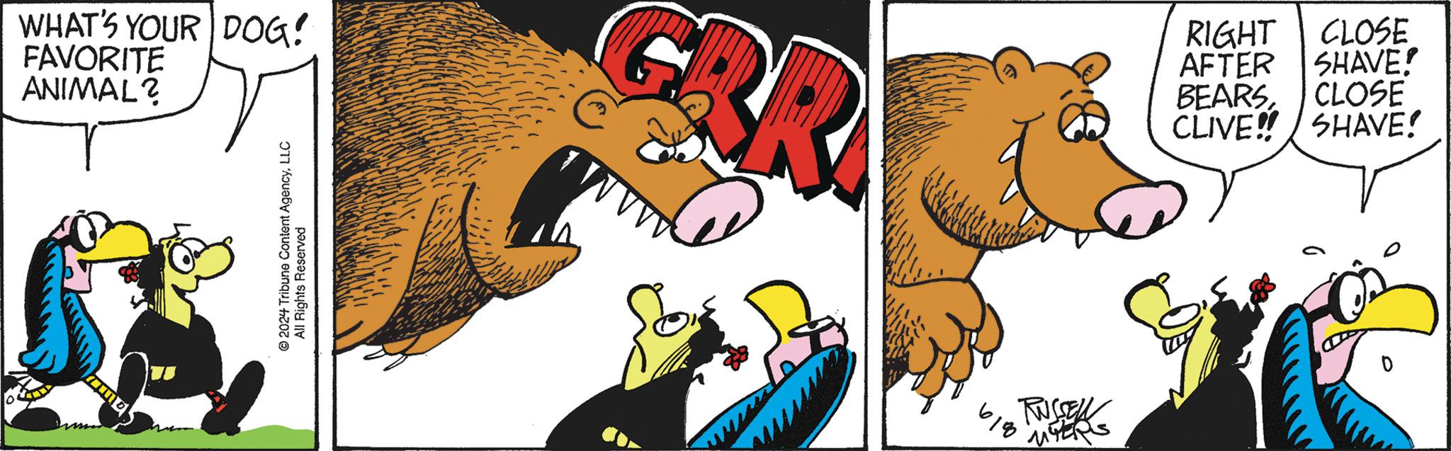 Fictional character OCR: WHAT'S YOUR DOG! FAVORITE ANIMAL? E 2024 Tribune Content AgencyLLC All Rights Reserved RIGHT CLOSE AFTER SHAVE! BEARSCLOSE BR CLIVE!! SHAVE! 61% TUSSELL MYERS WHAT'S YOUR DOG ! FAVORITE ANIMAL ? E 2024 Tribune Content AgencyLLC All Rights Reserved RIGHT CLOSE AFTER SHAVE ! BEARSCLOSE BR CLIVE !! SHAVE ! 61 % TUSSELL MYERS
