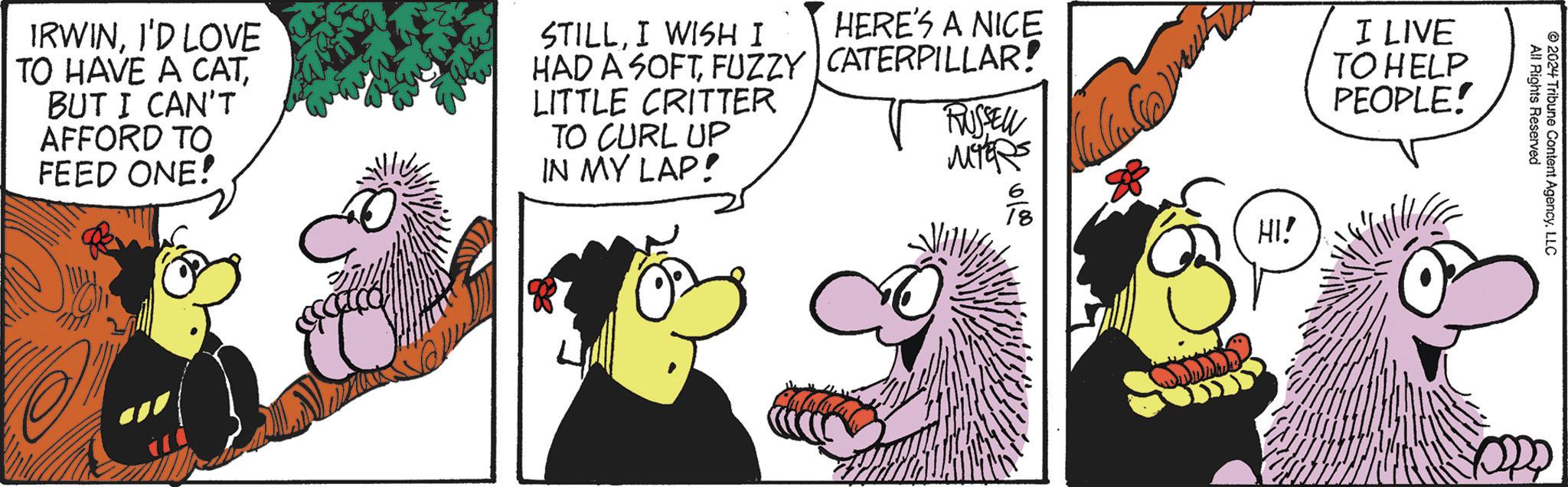 Line OCR: 0100 IRWINI'D LOVE TO HAVE A CATBUT I CAN'T AFFORD TO FEED ONE! STILLI WISH I HAD A SOFTFUZZY CATERPILLAR! LITTLE CRITTER TO CURL UP IN MY LAP! HERE'S A NICE RUSSELL MYERS I LIVE TO HELP PEOPLE! HI! All Rights Reserved 2024 Tribune Content AgencyLLC 0100 IRWINI'D LOVE TO HAVE A CATBUT I CAN'T AFFORD TO FEED ONE ! STILLI WISH I HAD A SOFTFUZZY CATERPILLAR ! LITTLE CRITTER TO CURL UP IN MY LAP ! HERE'S A NICE RUSSELL MYERS I LIVE TO HELP PEOPLE ! HI ! All Rights Reserved 2024 Tribune Content Agency